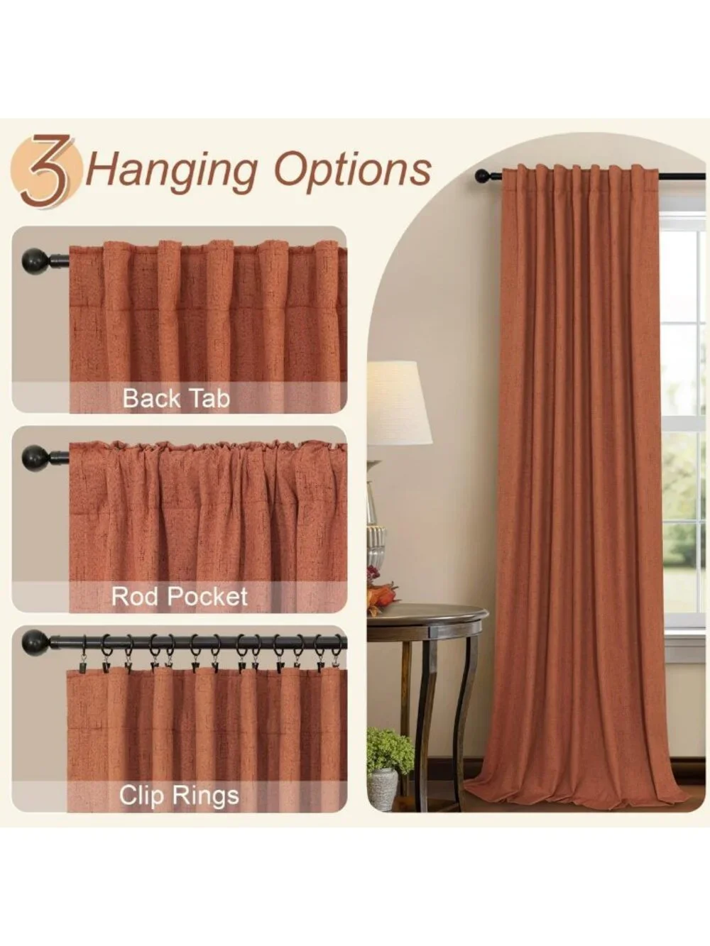 63-Inch Terracotta Blackout Curtains - 2 Panels, Boho Linen, Room Darkening for